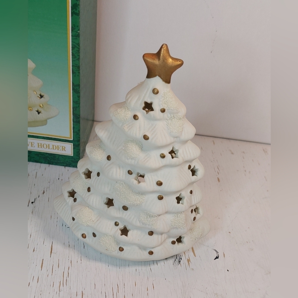 Vintage Matte Ceramic Christmas Tree Votive Holder White w Gold Star Decoration - Picture 5 of 11
